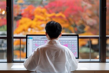 editorial photo of AI technology predicting flu trends on a computer screen, health worker looking out at an autumn courtyard, [disease prevention], [autumn forecast]