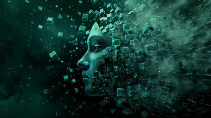 A digital face in profile, composed of green glowing cubes against a dark background. The fragmented, abstract representation symbolizes AI, data visualization, and digital transformation