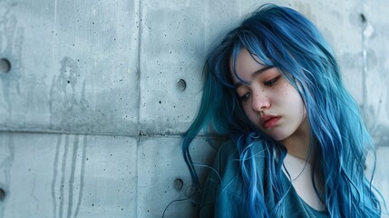 Fototapeta premium A girl with long blue hair standing against a concrete wall with a sad and depressed expression.