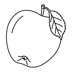 Apple with a leaf line art drawing coloring page. Ripe apple black and white vector illustration. Hand drawn doodle style.