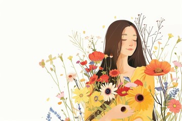 Woman holding flowers, a woman in a yellow dress with long hair and closed eyes surrounded by colorful wildflowers Generative AI