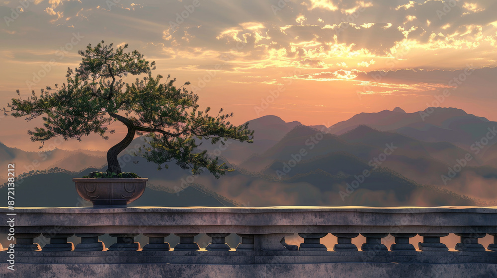Poster a small tree is sitting on a ledge in front of a mountain range