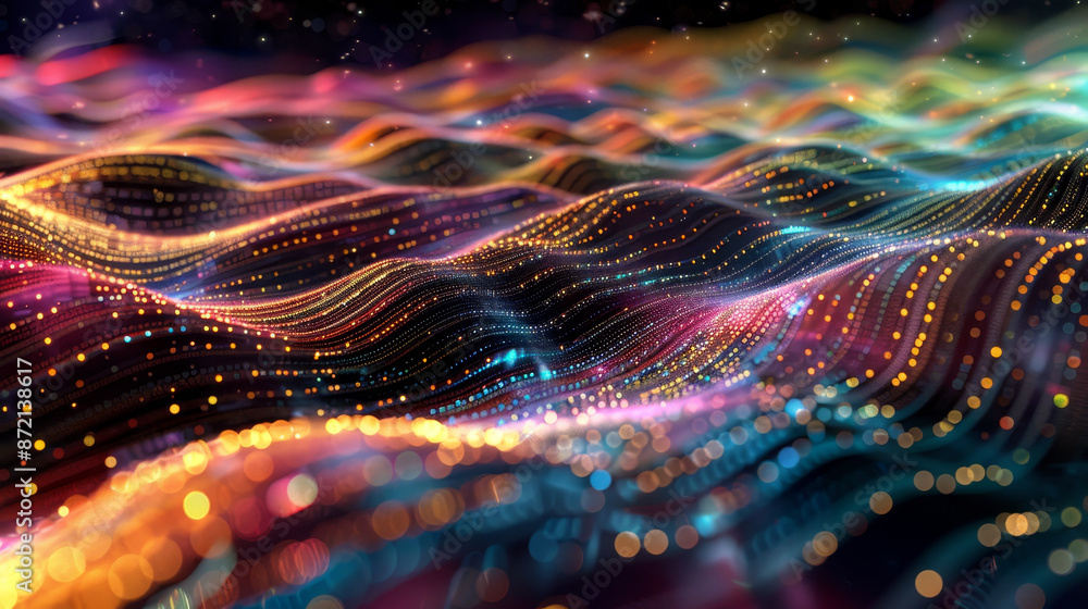 Poster a colorful, multi-colored wave pattern with a lot of sparkles