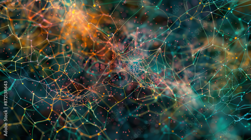 Poster a colorful, abstract image of a web of lines and dots
