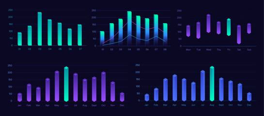 set of colorful bar chart, neon gradient 3d visual histogram.