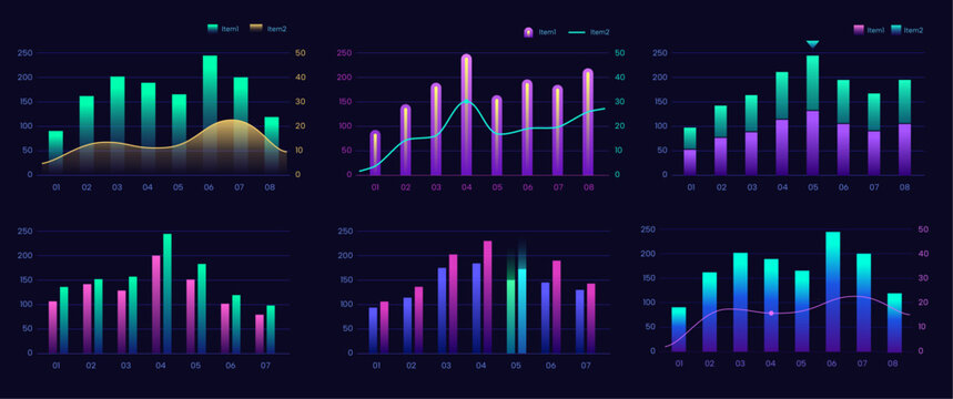 set of colorful bar chart, neon gradient visual histogram.
