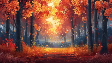 Fototapeta premium Vector depiction of a forest in autumn, with trees shedding leaves in shades of orange, yellow, and red.