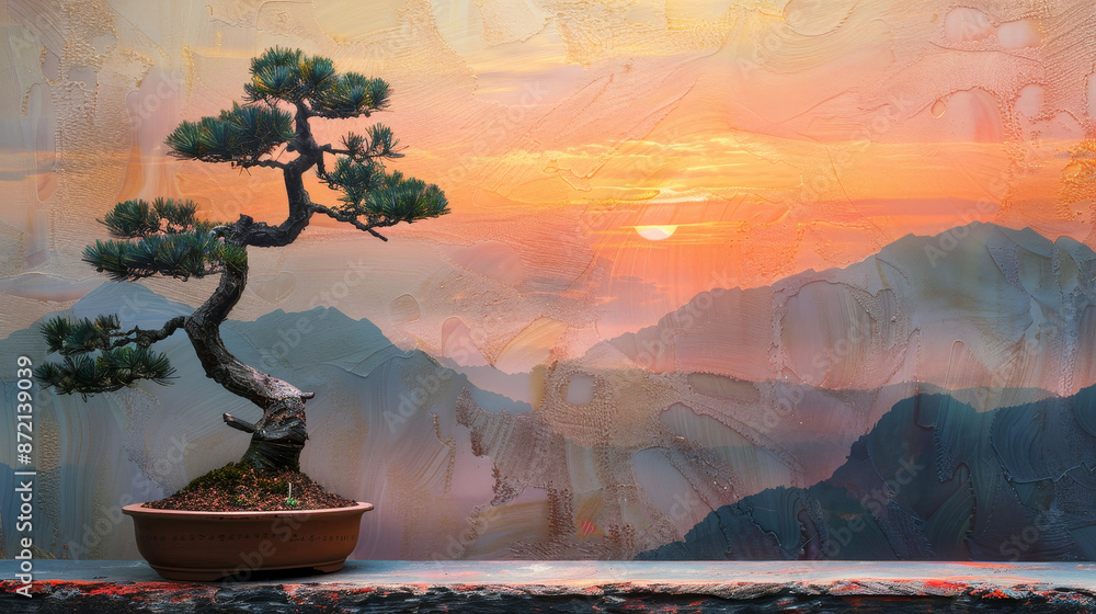 Poster a small tree is sitting in a pot on a ledge in front of a mountain range