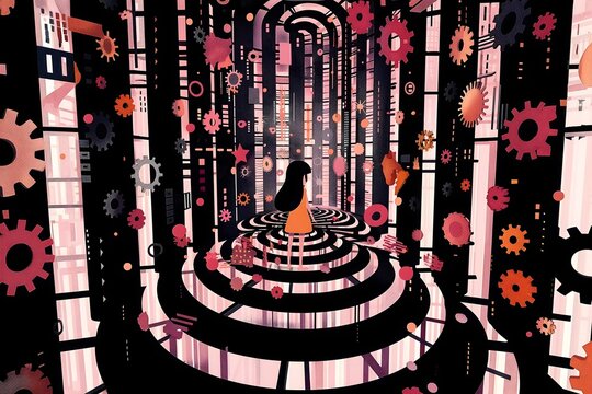 Conceptual Journey Through a Mechanical Labyrinth of a girl standing in a mechanical labyrinth filled with gears and machinery. The intricate design and abstract elements convey a sense of complexity.