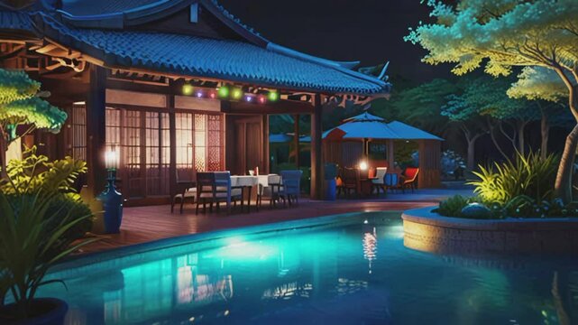 a Japanese-style restaurant by the pool, smooth and looping 4K virtual video animation background
