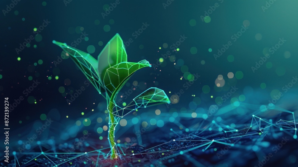 Sticker futuristic seedling growth with glowing polygonal light. generative ai image