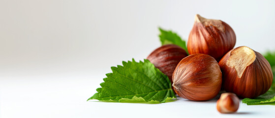 Fresh hazelnuts with green leaves on white background. Copy space. Generative AI	