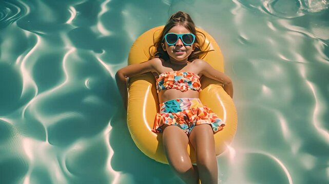 Girl with inflatable ring swimming in the pool during summer holidays. Vacation relax concept with happy child in the sunny day