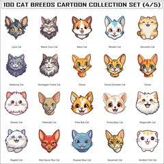 Fototapeta premium Set of Funny Cat Breeds Cute Cats Cartoon Characters Bundle Collection Set of 100 Cat Faces Part 4