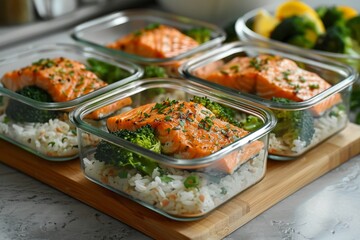 Obraz premium Asian dish. Fried salmon with rice and vegetables. Sprinkled with sesame seeds. Front view. Natural background. Image for cafe menu, Banner