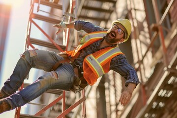 a man in a hard hat and safety vest is falling off a ladder