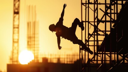 a man in a construction site jumps off a ladder
