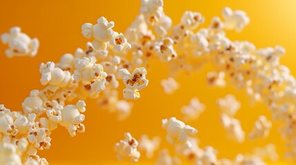 Flying popcorn with simple yellow background cinema time concept food photography