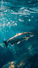 Fototapeta premium A salmon swimming in the water with sunlight.