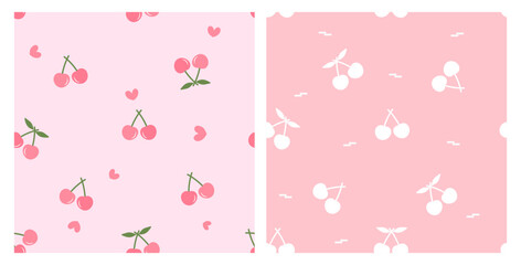 Seamless pattern with cherry with green leaves and hand drawn hearts on pink background. Seamless pattern with cherry fruit on pink background. Flat design vector.