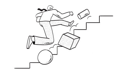 Overcome obstacle, effort or adversity for business growth, difficulty, challenge to win competition, skill or leadership. Businessman jump over falling abstract shapes to climb up stair of success.