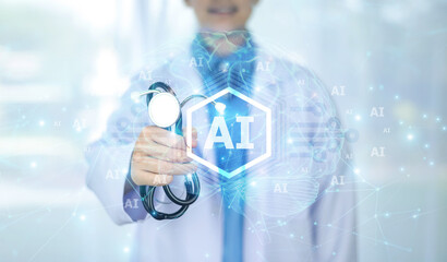 Doctor uses AI technology for enhanced diagnostics, personalized treatment plans, medical data...