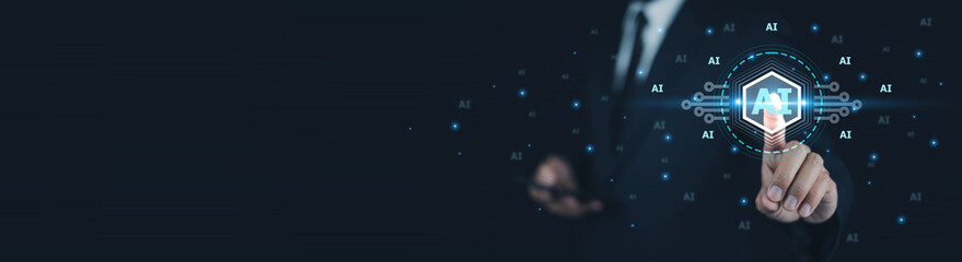 Businessman use AI technology for business management, development, strategic planning, decision-making, market analysis, efficiency, innovation, growth, digital transformation.