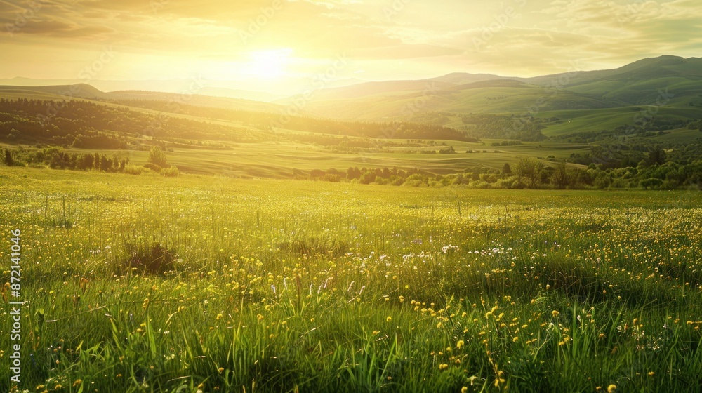 Poster Sunlit Meadow with Rolling Hills and Golden Light