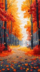 Vector depiction of a forest in autumn, with trees shedding leaves in shades of orange, yellow, and red.