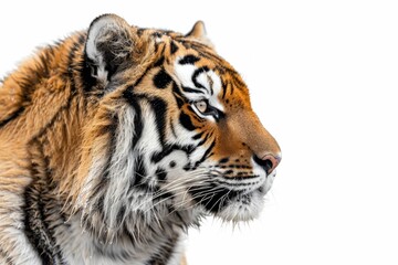Fototapeta premium Majestic Siberian Tiger Profile Against White Background Showcasing Striking Stripes and Intense Gaze