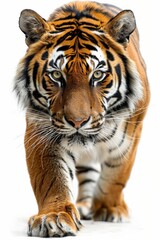 Fototapeta premium Majestic Bengal Tiger Walking Forward on White Background, Close-Up of Powerful Predator in Motion