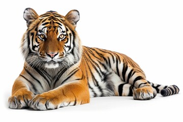 Obraz premium Majestic Bengal Tiger Resting on White Background - Close-Up Wildlife Photography