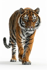 Fototapeta premium Majestic Bengal Tiger Walking Forward on White Background in High Detail