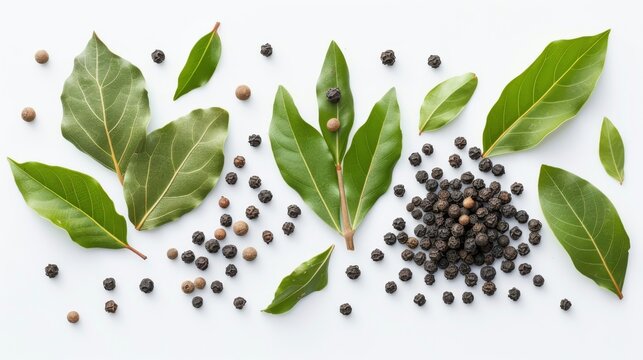 Black pepper and bay leaves on white background