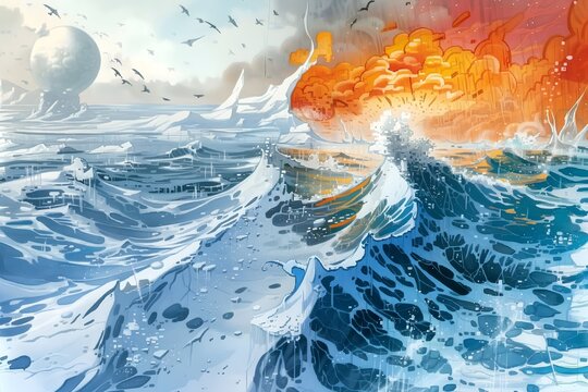 Contrasting Ocean States: Calm vs. Chaotic. Editorial illustration showing a split image of the ocean in two states. One side depicts a serene, icy seascape with a calm moon, and explosion


