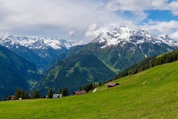 Mountains and ski resorts viewed from Penken Mountain in Mayrhofen in Austria, Europe