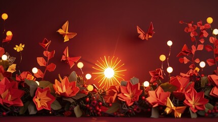 A festive origami setup with red and gold flowers, orange butterflies, and a radiant sun against a warm burgundy background. Soft lights provide a cozy, warm atmosphere.