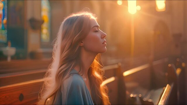 In church, a young woman is praying to God. Belief in God and in religion