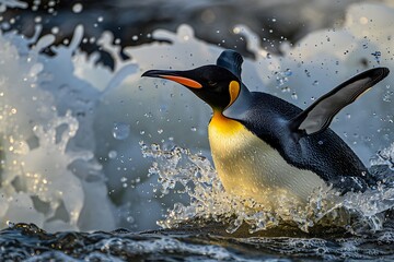 Penguin swimming clear underwater with light flare