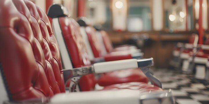 Vintage barber shop with red and white poles leather chairs shaving cream scent. Concept Barber Shop, Vintage, Red and White Poles, Leather Chairs, Shaving Cream Scent