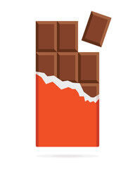 Chocolate bar in opened orange wrap and foil isolated on white background, dessert, vector illustration in flat style. Chocolate bar on white background. Milk chocolate bar.