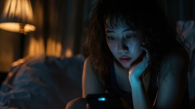 a woman looking at her phone while laying in bed