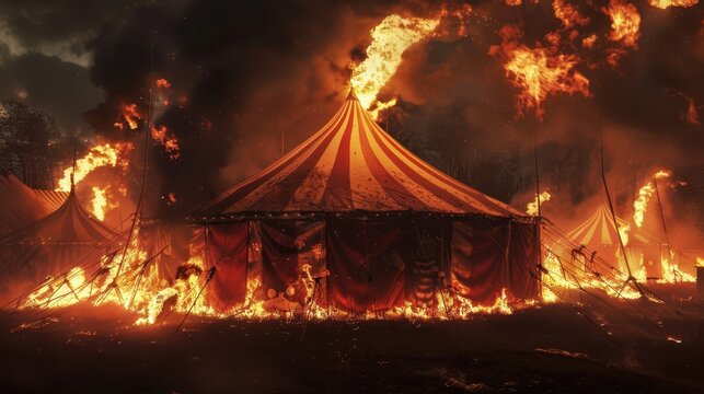 a circus tent is on fire with flames coming out of it