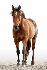 Obraz premium Majestic Brown Horse Standing on White Background with Sand Underfoot