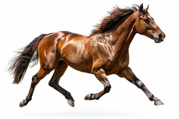 Naklejka premium Majestic Brown Horse Galloping with Flowing Mane on White Background
