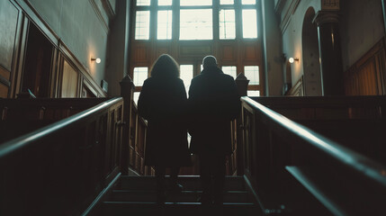 A realistic and cinematic portrayal of people walking out from the courtroom