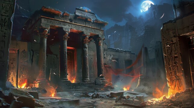 ancient ruins with fire and smoke in the background