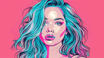A digital art of a woman with blue and pink hair.