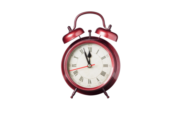 retro clock, pointer clock, red color alarm clock on isolated white background close up