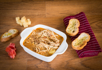 Sopa criolla a la minuta Buffet table assorted peruvian Food popular cuisine Peru culture